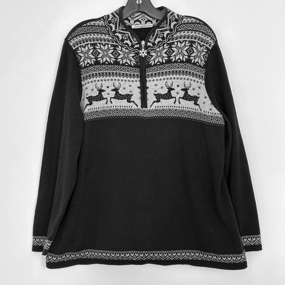 Breckenridge Quarter Zip Sweater 1X Black Fair Isle‎ Reindeer Snowflake Holiday